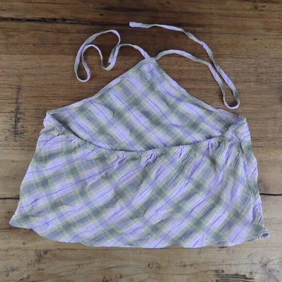 FOREVER 21 PURPLE & GREEN PLAID HIGH NECK HALTER CROP TOP SIZE MEDIUM - Picture 4 of 4